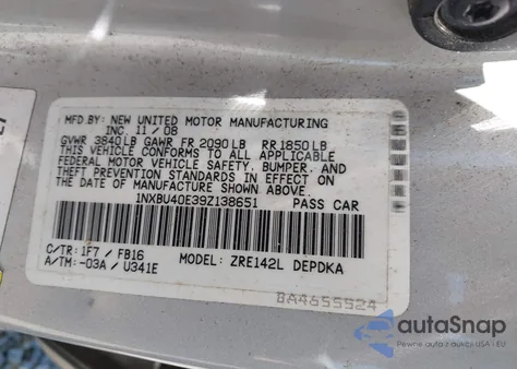 2009 Toyota Corolla Le из США, поврежденный, VIN 1NXBU40E39Z138651